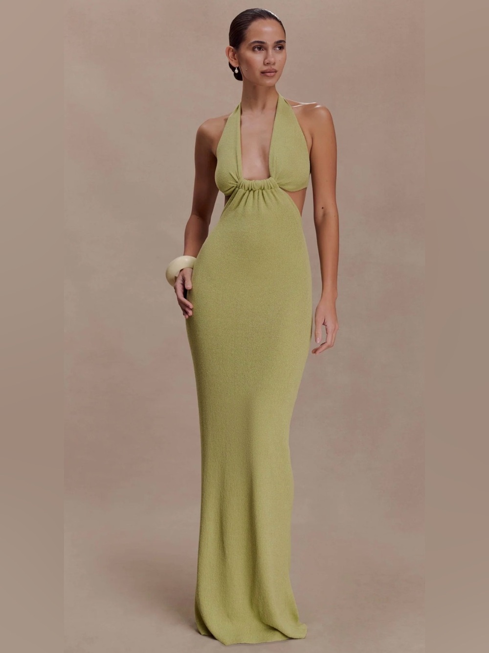 Meshki Halter Backless Maxi Dress In Olive Green